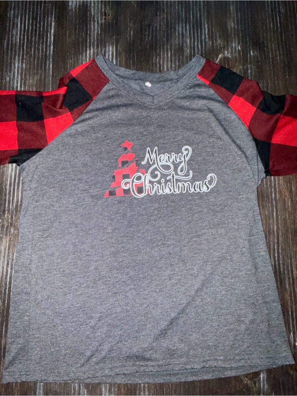 Women’s Gray Raglan Long Sleeve Tee with Red Plaid Sleeves - Merry Christmas - Picture 4 of 8